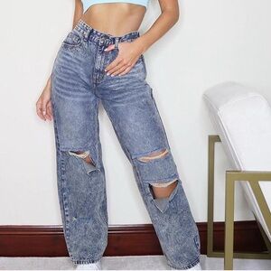 Women's Acid Wash Distressed Blue Jeans